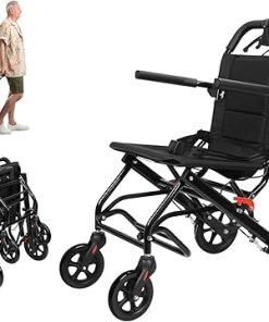 Folding Transport Wheelchair, Transport Wheelchair Lightweight Foldable, Portable Transit Travel Chair for Adults with Adjustable Safety Strap PU Wheels, Transport Wheelchair for Elderly (Black-A)