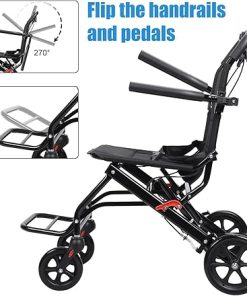 Folding Transport Wheelchair, Transport Wheelchair Lightweight Foldable, Portable Transit Travel Chair for Adults with Adjustable Safety Strap PU Wheels, Transport Wheelchair for Elderly (Black-A) 2
